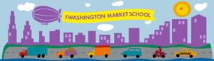 Washington Market School Banner showing city skyline with various vehicles in front