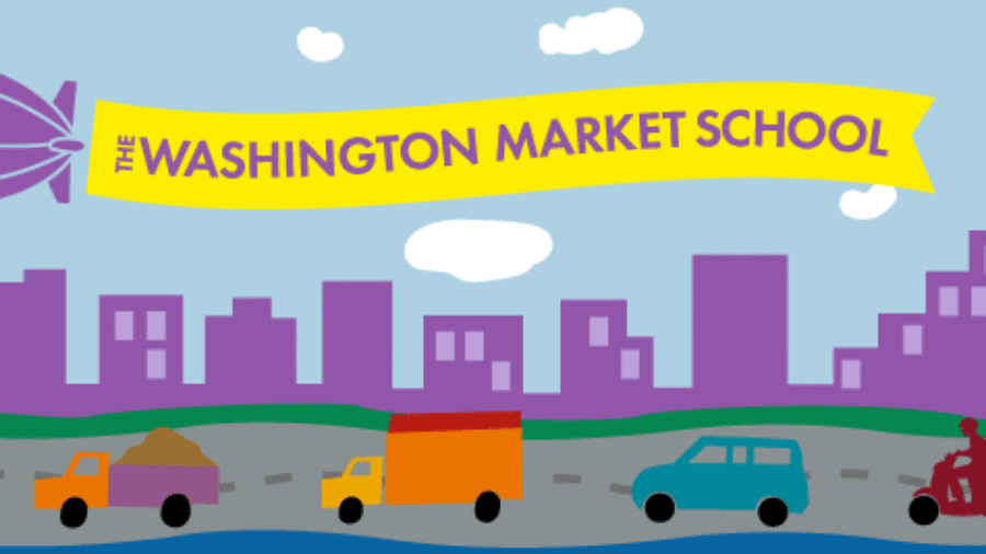 Washington Market School Banner showing city skyline with various vehicles in front