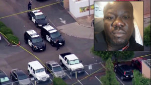 headshot of Alfred Olango on top of crime scene showing police cars