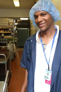 Project SEARCH intern Anthony Telesford ready for another day on the job in the kitchen at Montefiore New Rochelle (photo credit POSITIVE EXPOSURE)