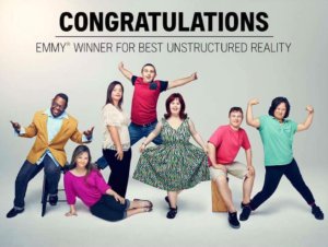 Image of cast facing camera and smiling, text on bottom says Congratulations to Emmy Winner for Best Unstructured Reality