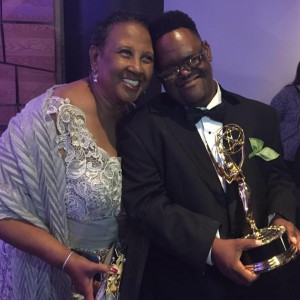 John Tucker and his mom Joyce at the Emmy Awards, John is holding his Emmy statue