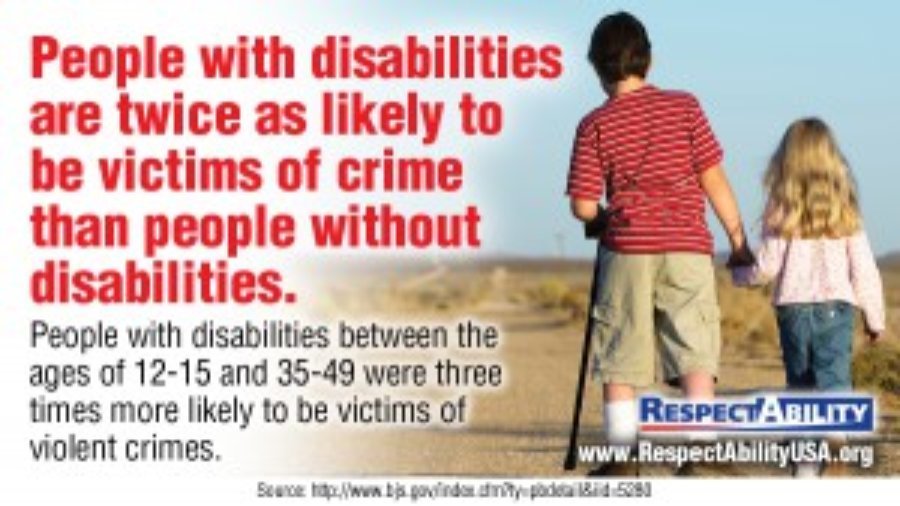 Photo of a boy with a cane in one hand and holding the hand of a little girl in the other. They are walking away from the camera on a deserted road. The image is overlaid with the text: “People with disabilities are twice as likely to be victims of crime than people without disabilities. People with disabilities between the ages of 12-15 and 35-49 were 3 times more likely to be victims of violent crimes; RespectAbility, www.RespectAbilityUSA.org. Source: http://www.bjs.gov/index.cfm?ty=pbdetail&iid=5280