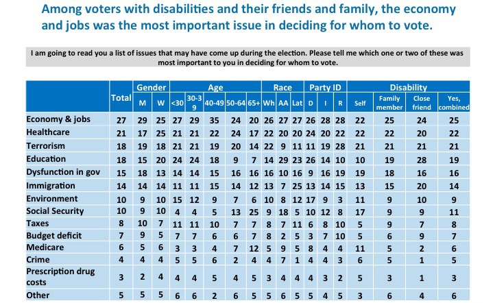 Among voters with disabilities and their friends and family, the economy and jobs was the most important issue in deciding for whom to vote. Most important issues for people with disabilities: Economy and jobs: 22% Healthcare: 22% Terrorism: 21% Education: 10% Dsyfunction in government: 19% Immigration: 13% Environment: 11% Social Security: 17% Taxes: 5 % Budget deficit: 5 % Medicare: 11% Crime: 6% Prescription drug costs: 5% Other: 3%