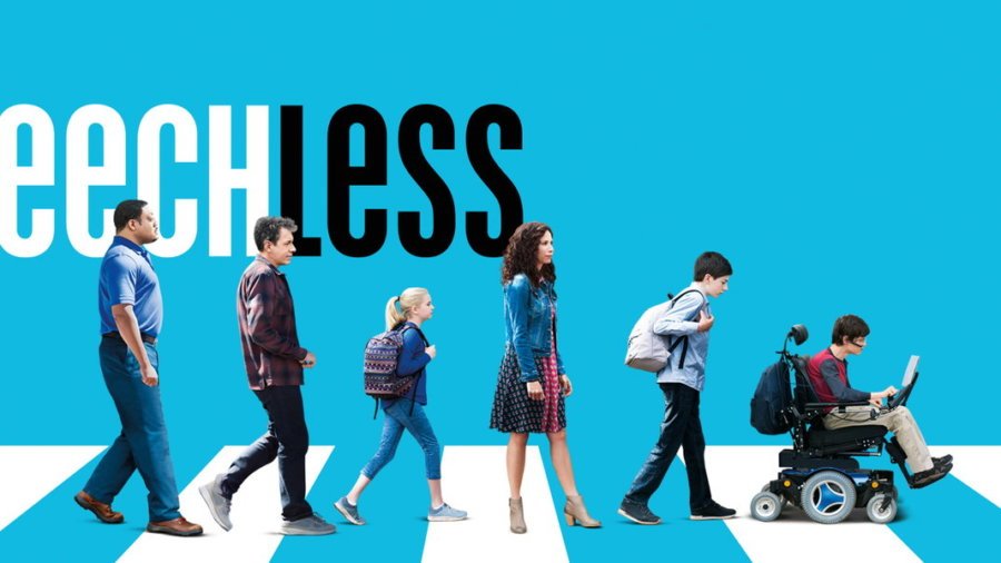 Speechless promo image with word Speechless and showing the characters walking toward the right