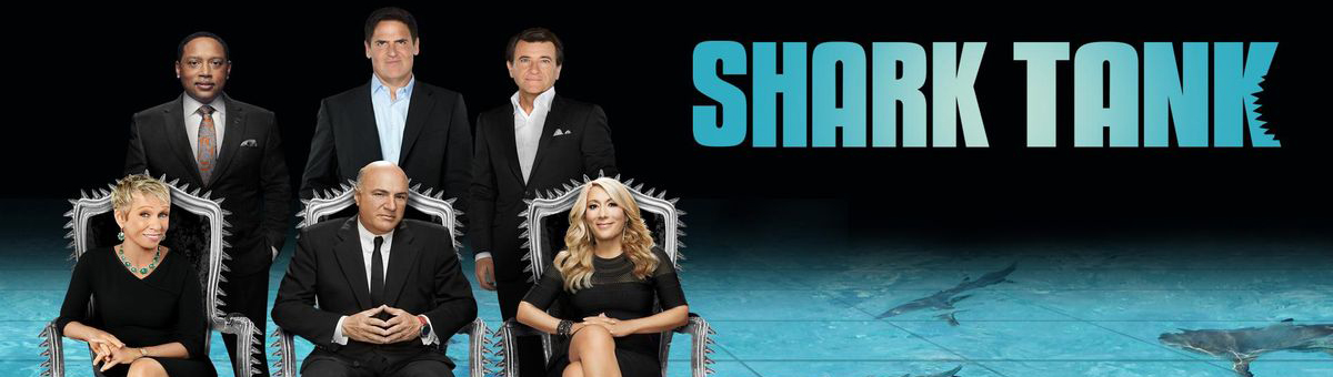 Shark Tank promo photo showing six main sharks seated and standing above a shark tank with the words "Shark Tank"