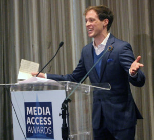 Mickey Rowe accepting his Media Access scholarship award
