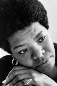 Image of Maya Angelou from around 1970, black and white photo of her face looking to the side