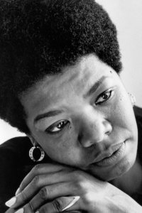 Image of Maya Angelou from around 1970, black and white photo of her face looking to the side
