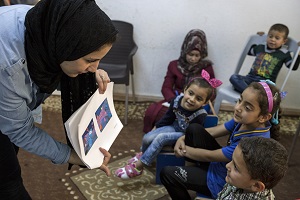 Children take part in formative research conducted by Sesame Workshop and International Rescue Committee at a women’s center in Mafraq, Jordan, in May 2017.