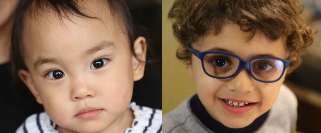 Two separate images of children with disabilities smiling at the camera