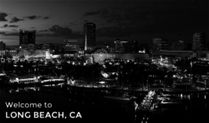 Photo of downtown Long Beach at night with the text "Welcome to Long Beach, CA" in the bottom left.