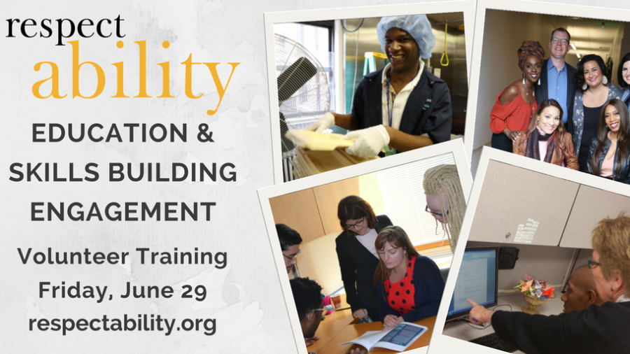 text reads: RespectAbility education and skills building engagement volunteer training Friday June 29 respectability.org