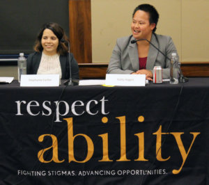 Stephanie Farfan and Kaity Hagen behind a table with the respectability logo on it