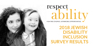 A mother holding her daughter on the left. RespectAbility logo on the right, above text reading "2018 Jewish Disability Inclusion Survey Results"