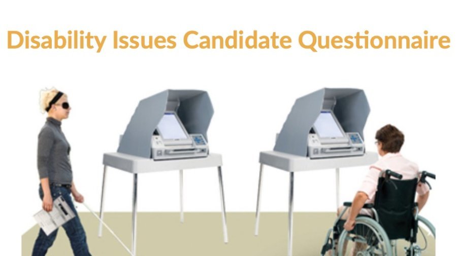 Cartoon of two people with disabilities in front of voting booths. Text: Disability Issues Candidate Questionnaire