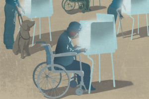 voters in wheelchairs and with a dog voting