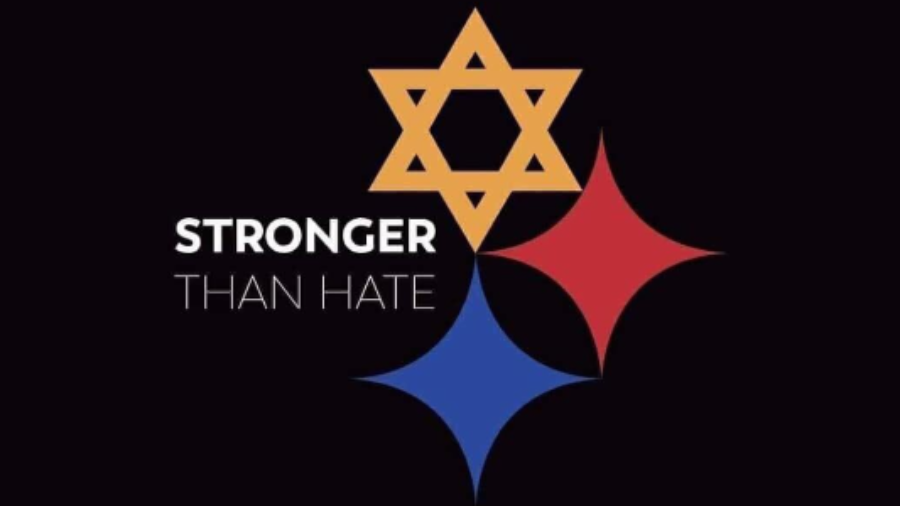 Pittsburgh Steelers logo with a Star of David instead of the Yellow dot. The text says Stronger Than Hate.