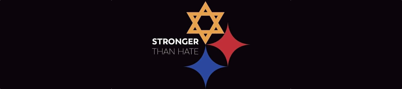 Pittsburgh Steelers logo with a Star of David instead of the Yellow dot. The text says Stronger Than Hate.