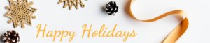 Text: Happy Holidays. Crafts shaped like snowflakes and other holiday decorations surround the text.