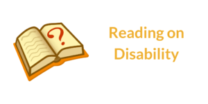 Open book with question mark on right side page. Text: Reading on Disability