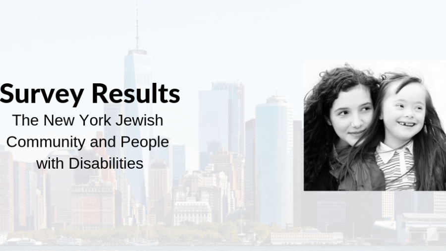 Image of a woman and a girl in front of a faded background of New York City's skyline. Text: Survey Results The New York Jewish Community and People with Disabilities