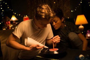 A man and a woman stand in front of a record player, with the woman's head on the man's shoulder