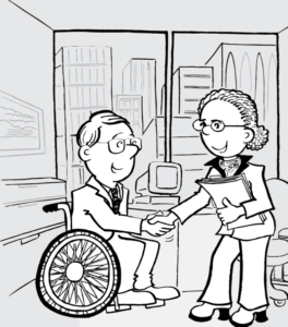 Woman shaking hands with man in wheelchair in an office setting