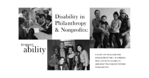 Disability in Philanthropy & Nonprofits: A study on inclusion and exclusion of the 1-in-5 people who live with a disability and what you can do to make things better. RespectAbility logo. Three images of diverse groups of people with disabilities