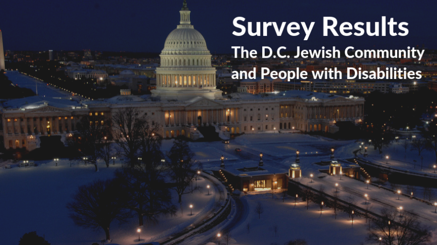 Washington, DC skyline with capitol building in foreground and Washington Monument in background. Text: Survey Results The D.C.-area Jewish Community and People with Disabilities