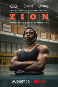 Poster for Zion on Netflix featuring Zion in uniform in the gym