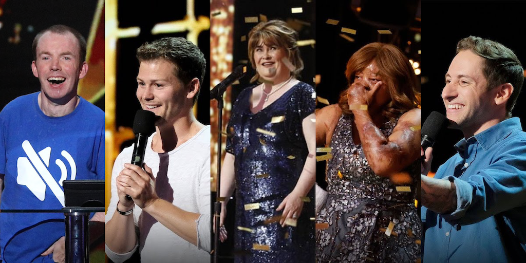 Lost Voice Guy, Drew Lynch, Susan Boyle, Kechi and Samuel J Comroe on America's Got Talent The Champions