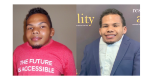 Justin Tapp smiling wearing a pink t shirt that says "The Future Is Accessible". Justin Tapp smiling in front of the RespectAbility banner