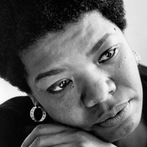 black and white headshot of Maya Angelou wearing hoop earings