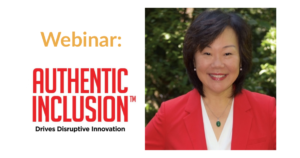 Photo of Frances West wearing a red jacket smiling in front of trees. Text: "Webinar: Authentic Inclusion Drives Disruptive Innovation."