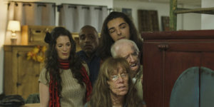 Still from the movie Happy Face with five actors looking at something off camera