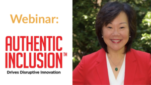 Photo of Frances West wearing a red jacket smiling in front of trees. Text: "Webinar: Authentic Inclusion Drives Disruptive Innovation."
