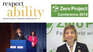 RespectAbility logo. Zero Project Conference 2019. Photos of Jennifer Laszlo Mizrahi and Lisa Trygg presenting on stage and Jennifer Laszlo Mizrahi accepting award