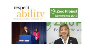 RespectAbility logo. Zero Project Conference 2019. Photos of Jennifer Laszlo Mizrahi and Lisa Trygg presenting on stage and Jennifer Laszlo Mizrahi accepting award