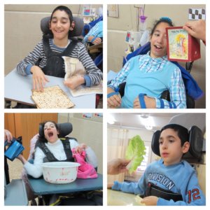 Four images of children with disabilities participating in ALEH's Mock Seder