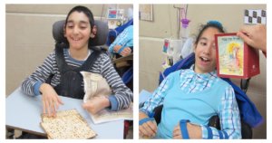 Two children with disabilities. One eating matzah and one looking at a Haggadah
