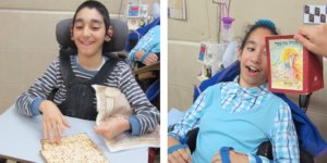 Two children with disabilities. One eating matzah and one looking at a Haggadah