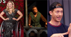 Individual photos of Ali Stroker on the red carpet, John McGinty in character on stage in HUNCHBACK, and Russell Harvard signing something in front of a curtain