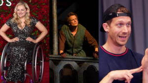 Individual photos of Ali Stroker on the red carpet, John McGinty in character on stage in HUNCHBACK, and Russell Harvard signing something in front of a curtain