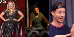 Individual photos of Ali Stroker on the red carpet, John McGinty in character on stage in HUNCHBACK, and Russell Harvard signing something in front of a curtain