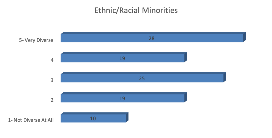 Bar graph with responses to Question 6. 1 - Not Diverse At All - Chosen by 10 2 - Chosen by 19 3 - Chosen by 25 4 - Chosen by 19 5 - Very Diverse - Chosen by 28
