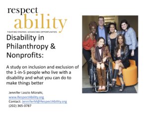 Photo of diverse people with disabilities smiling together. RespectAbility logo. Text: Disability in Philanthropy & Nonprofits: