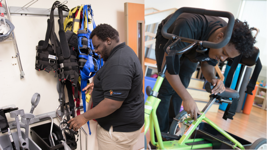 Two separate images of Project Search interns at Kennedy Krieger Institute working