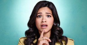 Gina Rodriguez as Jane Villanueva on Jane The Virgin, looking surprised and worried