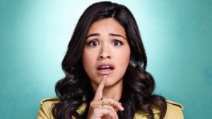 Gina Rodriguez as Jane Villanueva on Jane The Virgin, looking surprised and worried